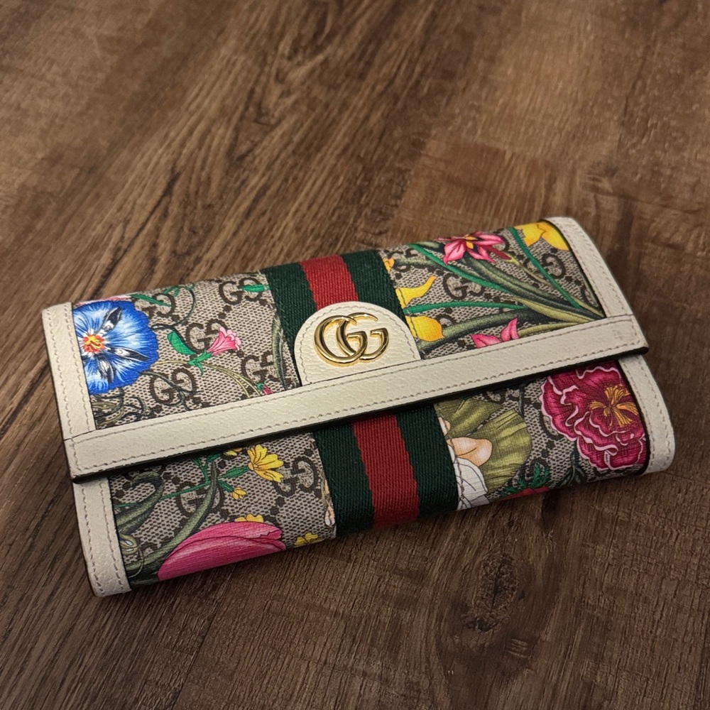 GG Supreme Monogram Flora Web Ophidia Continental Wallet White